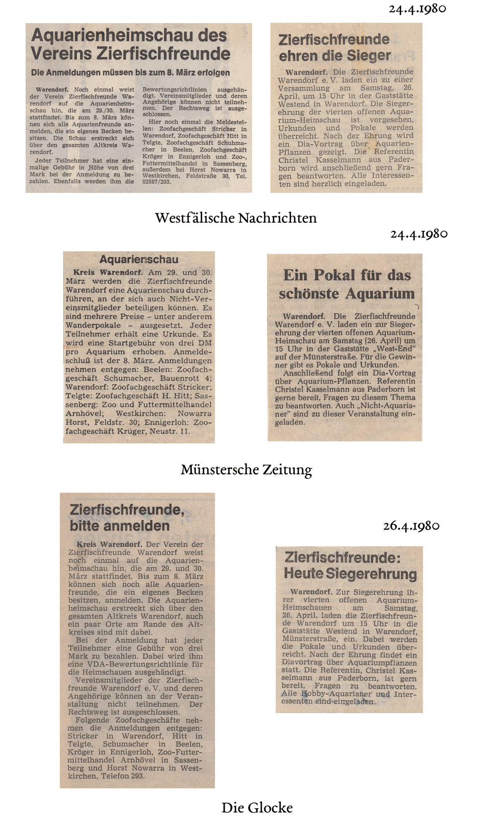 Ankündigungen der 4. offenen Heimschau und der Siegerehrung in den regionalen Zeitungen